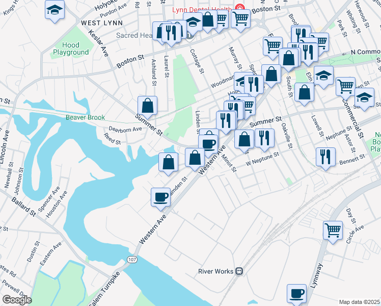 map of restaurants, bars, coffee shops, grocery stores, and more near 638 Summer Street in Lynn