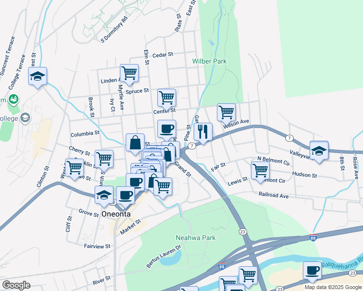 map of restaurants, bars, coffee shops, grocery stores, and more near 6 Maple St in Oneonta