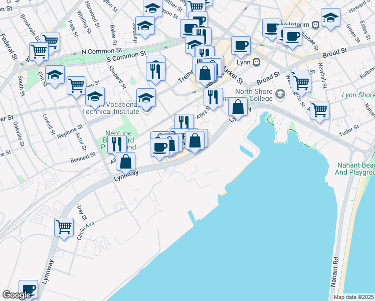 map of restaurants, bars, coffee shops, grocery stores, and more near 377 Lynnway in Lynn