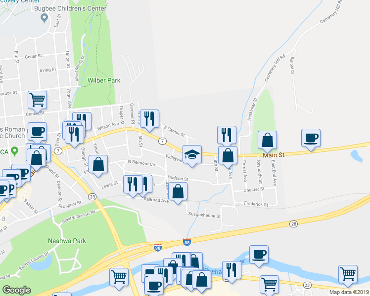 map of restaurants, bars, coffee shops, grocery stores, and more near 475 Main Street in Oneonta