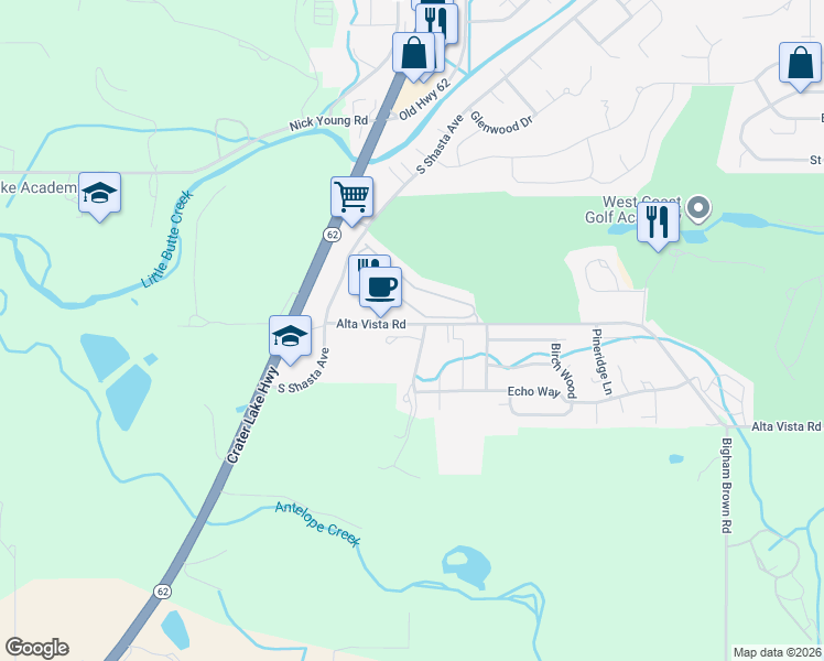 map of restaurants, bars, coffee shops, grocery stores, and more near 108 Greenview Drive in Eagle Point