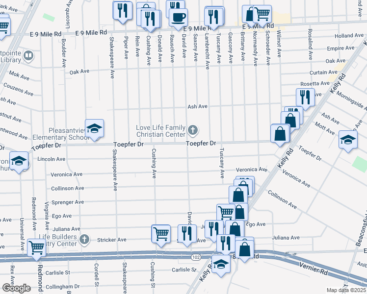 map of restaurants, bars, coffee shops, grocery stores, and more near 17222 Toepfer Drive in Eastpointe
