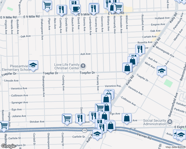 map of restaurants, bars, coffee shops, grocery stores, and more near 17520 Toepfer Drive in Eastpointe