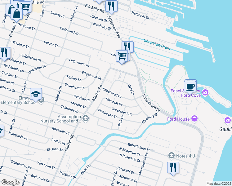 map of restaurants, bars, coffee shops, grocery stores, and more near 23219 Edsel Ford Court in St. Clair Shores