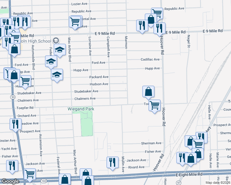 map of restaurants, bars, coffee shops, grocery stores, and more near 11268 Studebaker Avenue in Warren