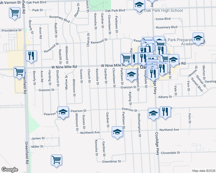 map of restaurants, bars, coffee shops, grocery stores, and more near 22011 Cloverlawn Street in Oak Park