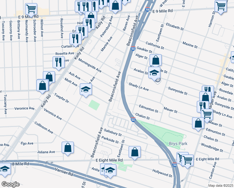 map of restaurants, bars, coffee shops, grocery stores, and more near 21448 Beaconsfield Street in St. Clair Shores