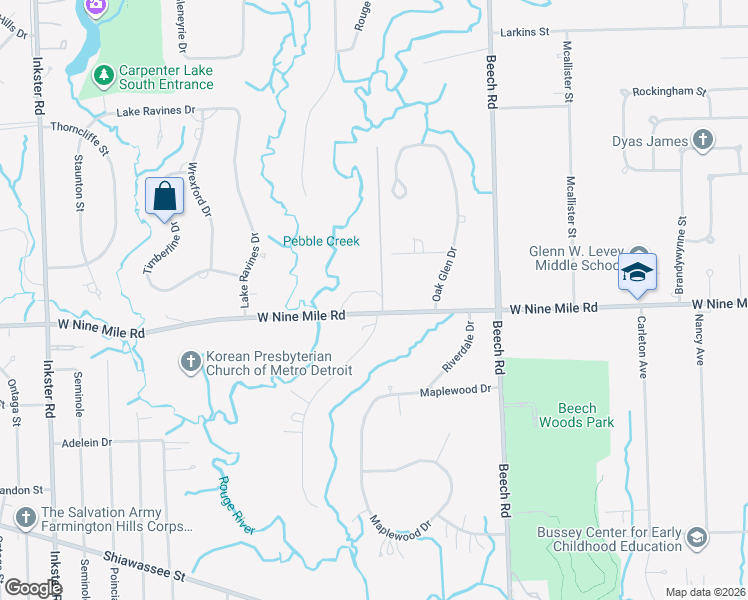 map of restaurants, bars, coffee shops, grocery stores, and more near 26300 West Nine Mile Road in Southfield