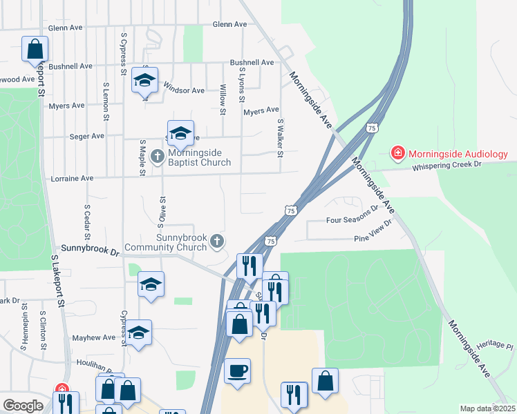 map of restaurants, bars, coffee shops, grocery stores, and more near 5619 Lyons Court in Sioux City