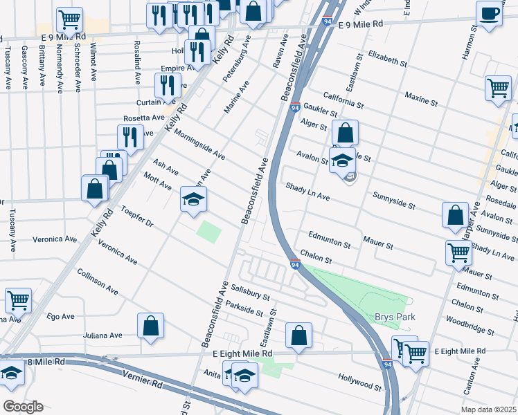 map of restaurants, bars, coffee shops, grocery stores, and more near 21448 Beaconsfield Street in St. Clair Shores