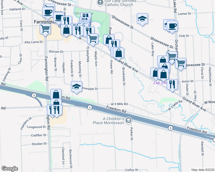 map of restaurants, bars, coffee shops, grocery stores, and more near 32412 Cloverdale Street in Farmington