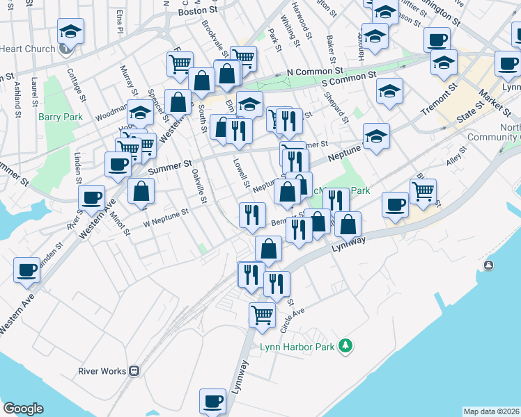 map of restaurants, bars, coffee shops, grocery stores, and more near 80 Lowell Street Court in Lynn