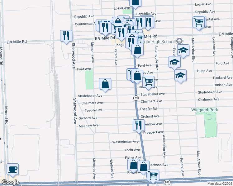 map of restaurants, bars, coffee shops, grocery stores, and more near 7283 Studebaker Avenue in Warren
