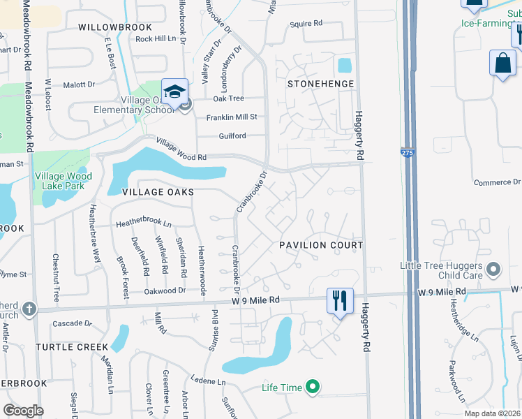map of restaurants, bars, coffee shops, grocery stores, and more near 22897 Renford Street in Novi