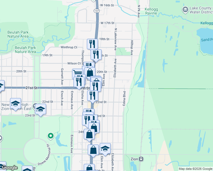 map of restaurants, bars, coffee shops, grocery stores, and more near 2017 Elim Avenue in Zion