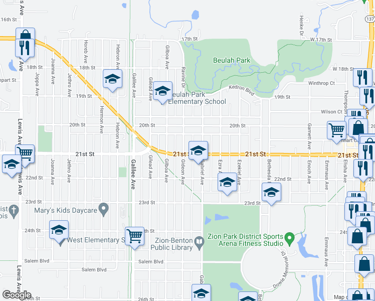 map of restaurants, bars, coffee shops, grocery stores, and more near 2041 Gideon Ave in Zion