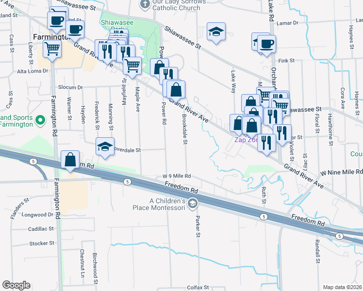 map of restaurants, bars, coffee shops, grocery stores, and more near 22631 Brookdale Street in Farmington