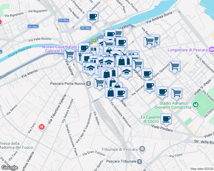 map of restaurants, bars, coffee shops, grocery stores, and more near 164 Viale Gabriele D'Annunzio in Pescara