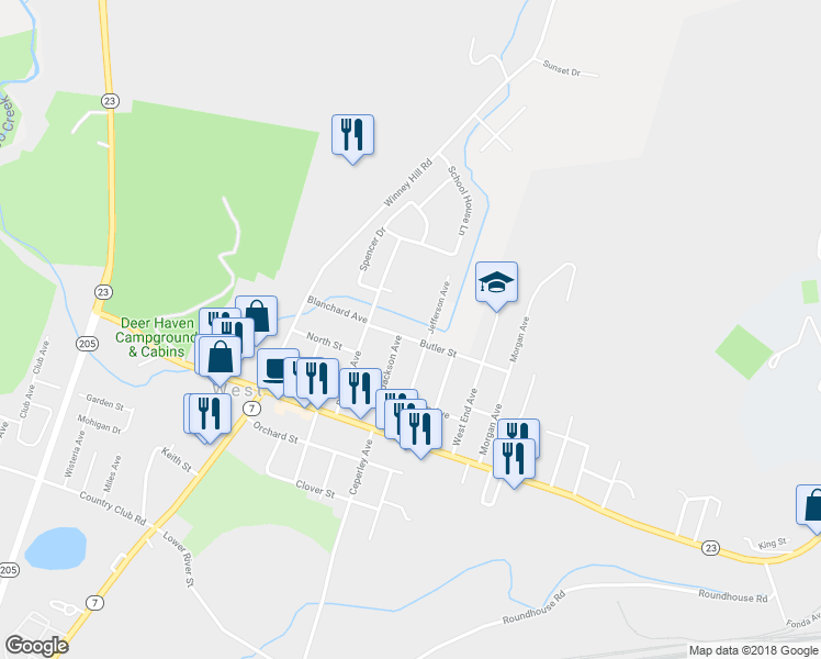 map of restaurants, bars, coffee shops, grocery stores, and more near 30 Butler Street in Oneonta