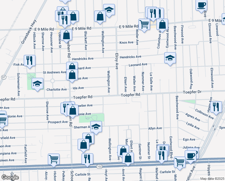 map of restaurants, bars, coffee shops, grocery stores, and more near 21740 Wellington Avenue in Warren