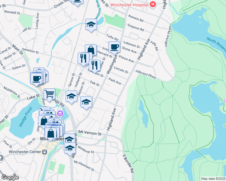 map of restaurants, bars, coffee shops, grocery stores, and more near 18-20 Hancock Street in Winchester