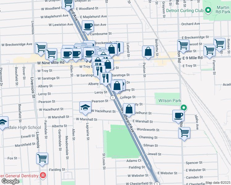 map of restaurants, bars, coffee shops, grocery stores, and more near 22346 Woodward Avenue in Ferndale