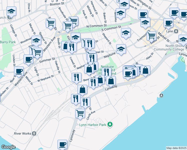 map of restaurants, bars, coffee shops, grocery stores, and more near 159 Commercial Street in Lynn