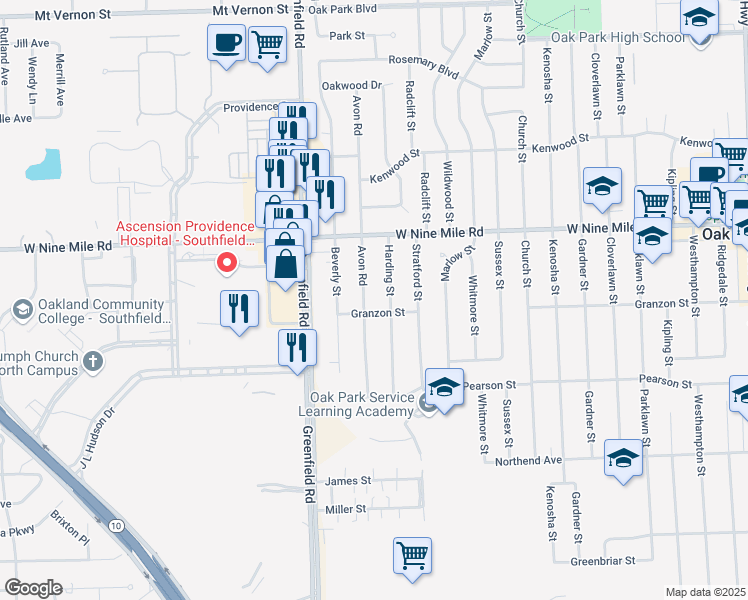map of restaurants, bars, coffee shops, grocery stores, and more near 22020 Avon Road in Oak Park
