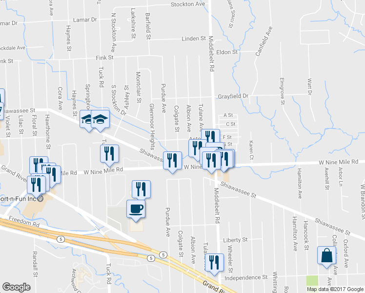 map of restaurants, bars, coffee shops, grocery stores, and more near 22580 Colgate Street in Farmington Hills