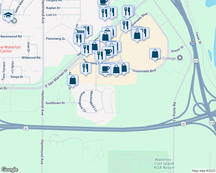 map of restaurants, bars, coffee shops, grocery stores, and more near 4005 Mourning Dove Drive in Waterloo