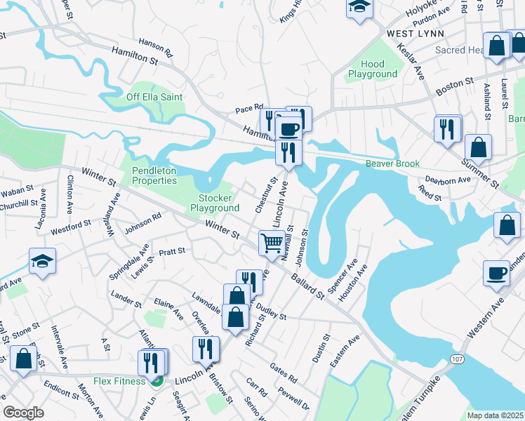 map of restaurants, bars, coffee shops, grocery stores, and more near 64 Chestnut Street in Saugus