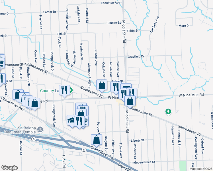 map of restaurants, bars, coffee shops, grocery stores, and more near 22580 Colgate Street in Farmington Hills