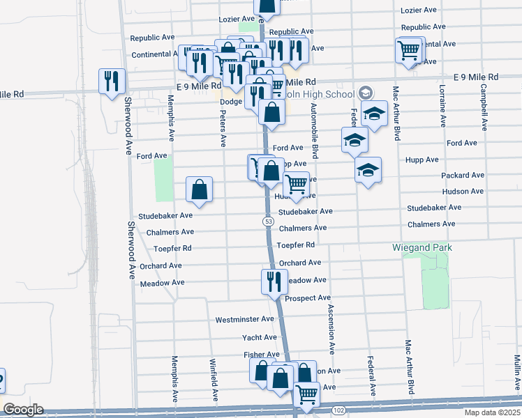map of restaurants, bars, coffee shops, grocery stores, and more near 22031 Van Dyke Avenue in Warren