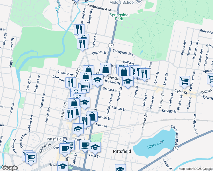 map of restaurants, bars, coffee shops, grocery stores, and more near 53 Orchard Street in Pittsfield