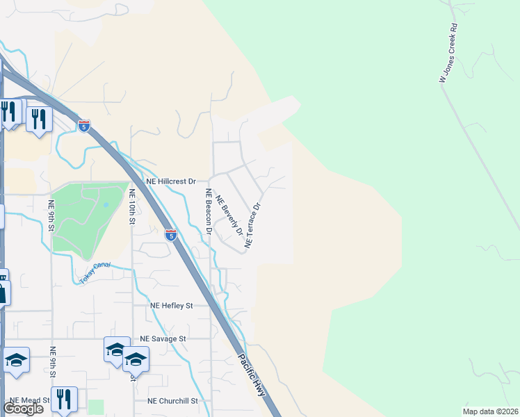 map of restaurants, bars, coffee shops, grocery stores, and more near 1628 Northeast Terrace Drive in Grants Pass