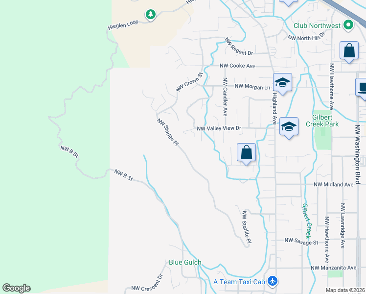 map of restaurants, bars, coffee shops, grocery stores, and more near 1129 Northwest Starlite Place in Grants Pass