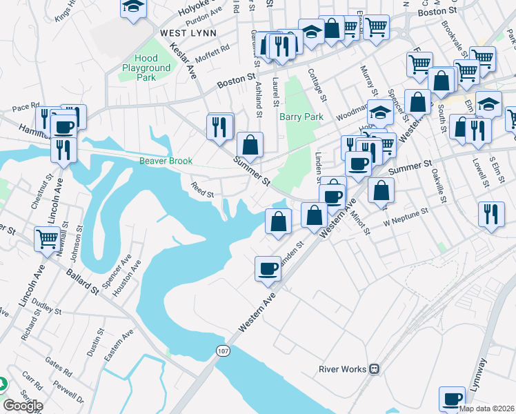 map of restaurants, bars, coffee shops, grocery stores, and more near 21 Margin Street in Lynn