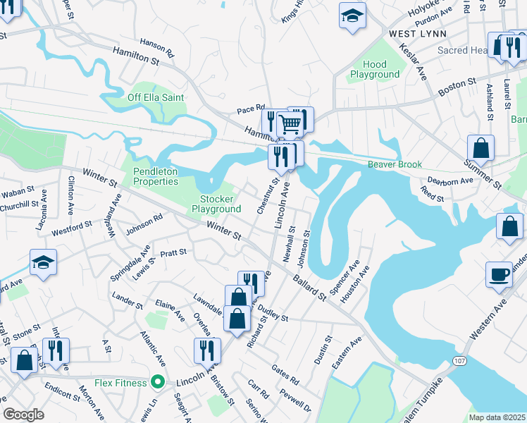 map of restaurants, bars, coffee shops, grocery stores, and more near 64 Chestnut Street in Saugus