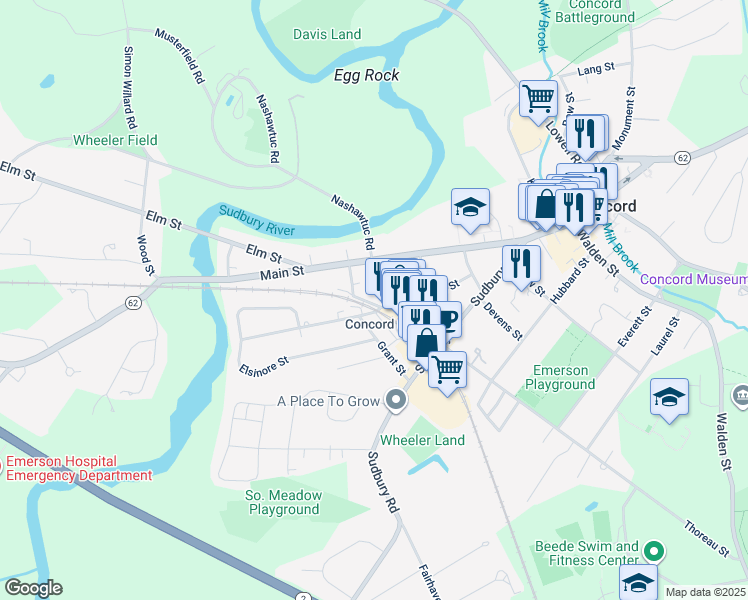 map of restaurants, bars, coffee shops, grocery stores, and more near 39 Cottage Lane in Concord