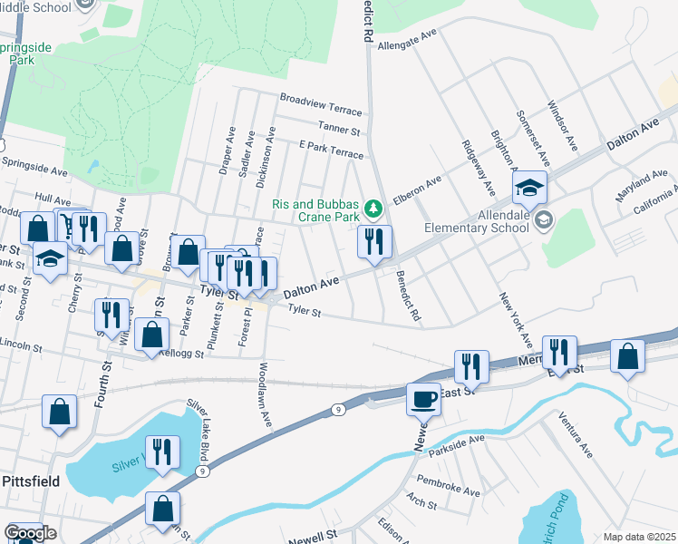 map of restaurants, bars, coffee shops, grocery stores, and more near 14 Westminster Street in Pittsfield