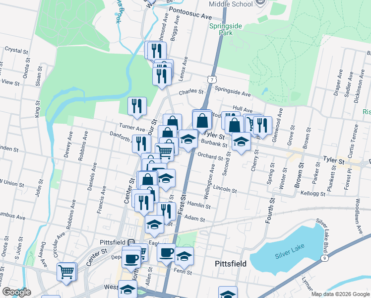 map of restaurants, bars, coffee shops, grocery stores, and more near 269 First Street in Pittsfield