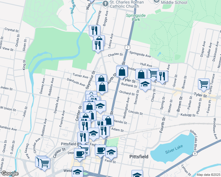 map of restaurants, bars, coffee shops, grocery stores, and more near 269 First Street in Pittsfield