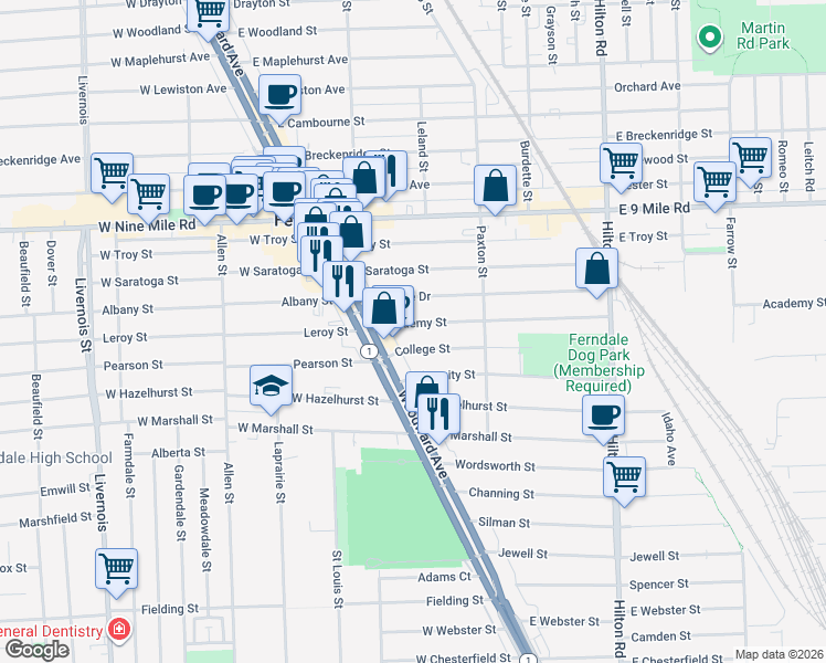 map of restaurants, bars, coffee shops, grocery stores, and more near 252 Academy Street in Ferndale