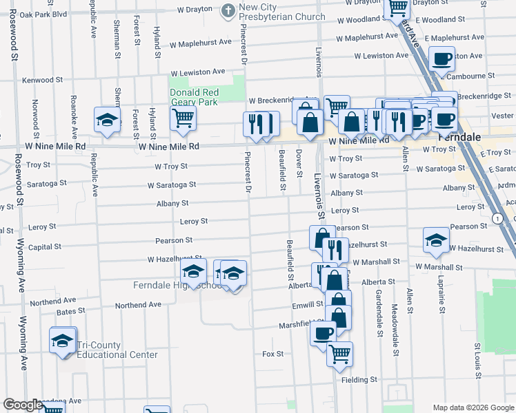 map of restaurants, bars, coffee shops, grocery stores, and more near 1065 Albany Street in Ferndale