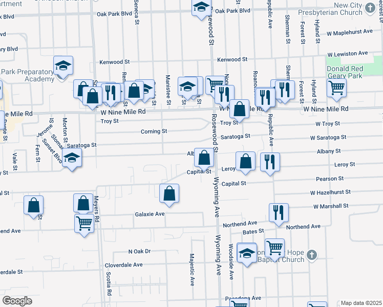 map of restaurants, bars, coffee shops, grocery stores, and more near 10200 Albany Street in Oak Park