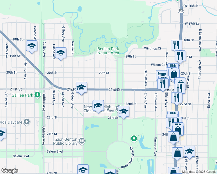 map of restaurants, bars, coffee shops, grocery stores, and more near 2039 Ezekiel Avenue in Zion