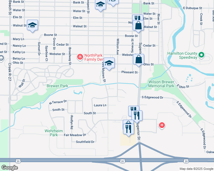 map of restaurants, bars, coffee shops, grocery stores, and more near 1906 Des Moines Street in Webster City