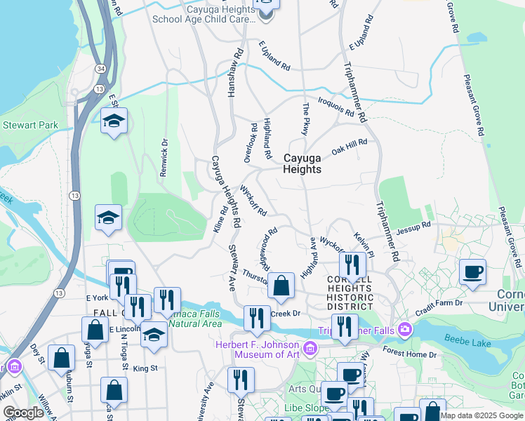 map of restaurants, bars, coffee shops, grocery stores, and more near 519 Wyckoff Road in Ithaca