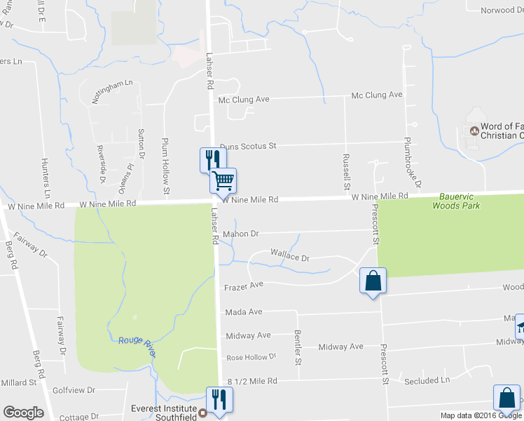 map of restaurants, bars, coffee shops, grocery stores, and more near 21665 West Nine Mile Road in Southfield