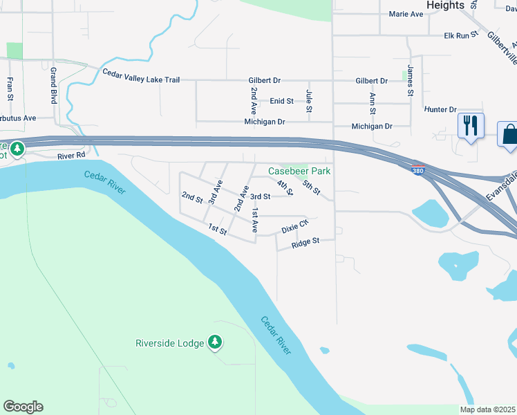 map of restaurants, bars, coffee shops, grocery stores, and more near 1017 1st Avenue in Evansdale